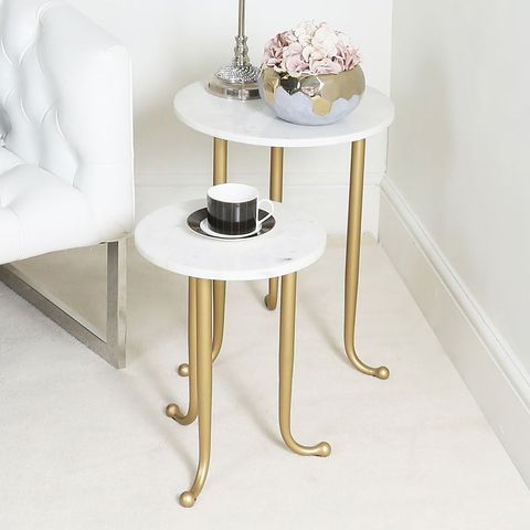 Set Of 2 White And Gold Nesting Tables End Tables With Marble Tops ... intended for Set Of 2 Nesting End Tables With Gold Frame And Faux Marble Tops, Black